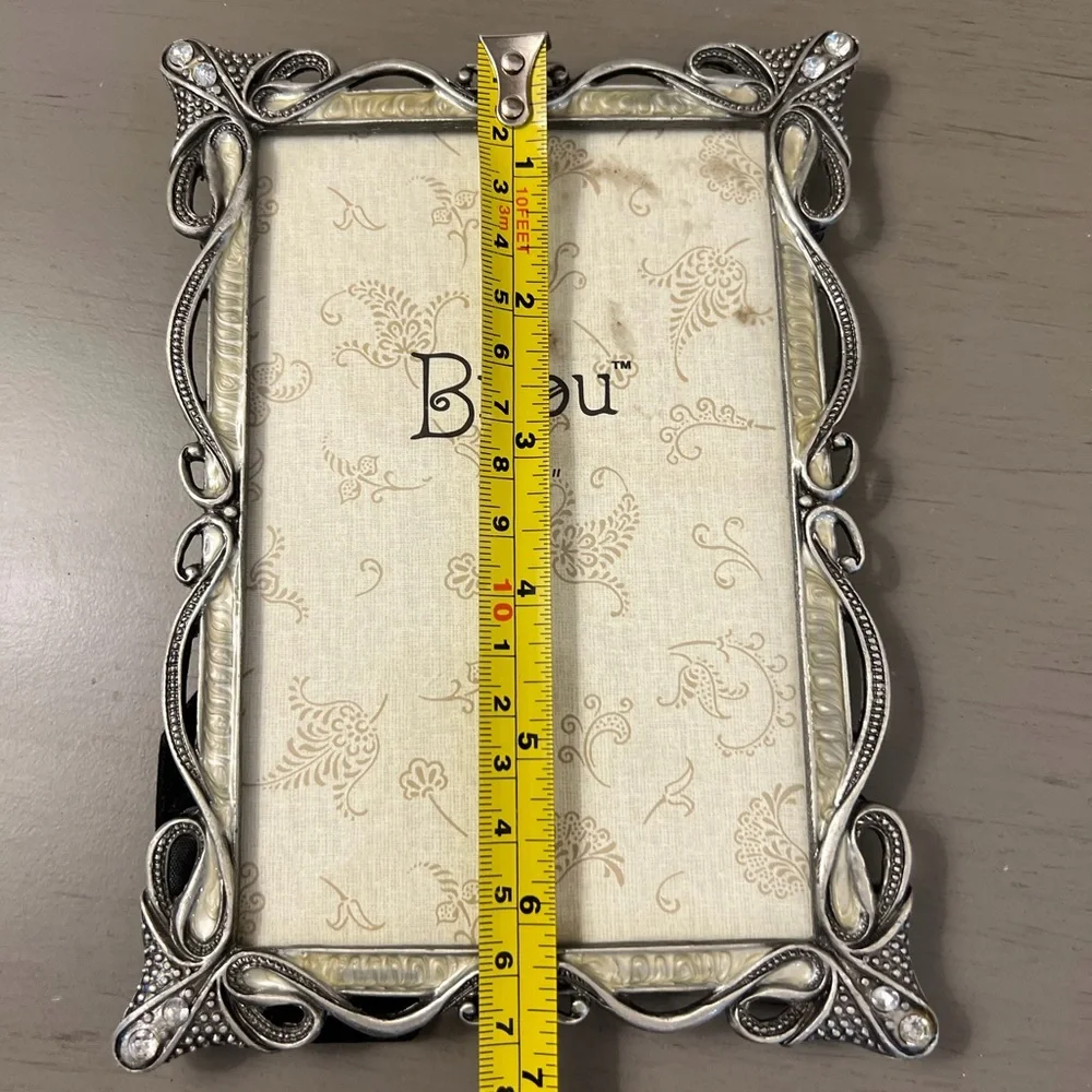 Bijou Jewel Embellished Picture Frame Silver Metal 4x6” Photo Wedding Scroll